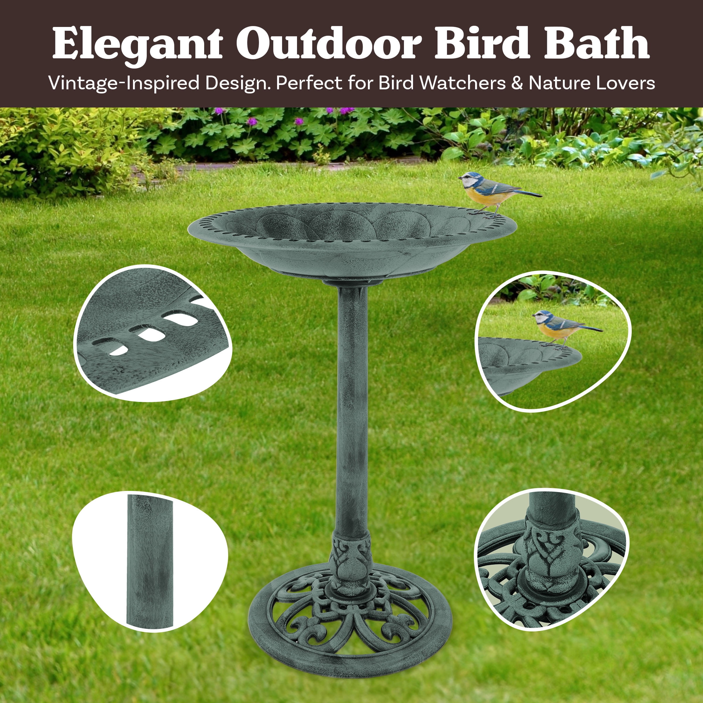 Pure Garden Weather-Resistant Antique Bird Bath with Stakes (Patina Green)
