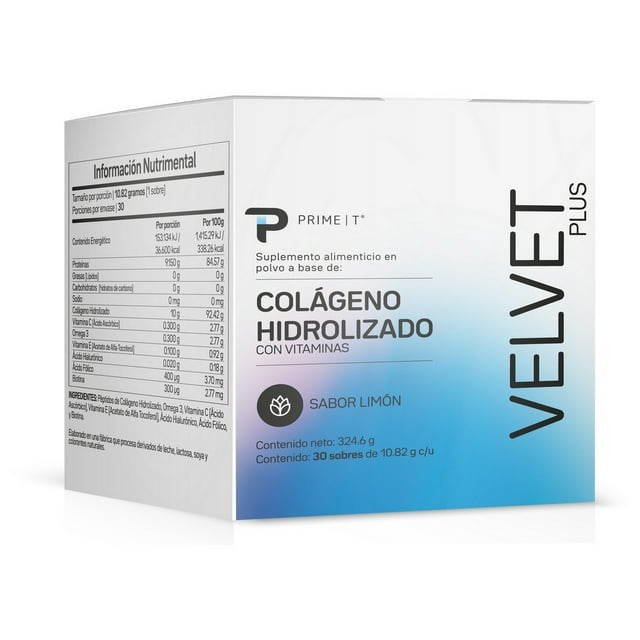 Primetech Suplemento de Colágeno Hidrolizado VELVET+, 30 Sobres de 10.82g cada uno. Tecnología alemana de alta pureza, con vitaminas y antioxidantes para piel, cabello y uñas