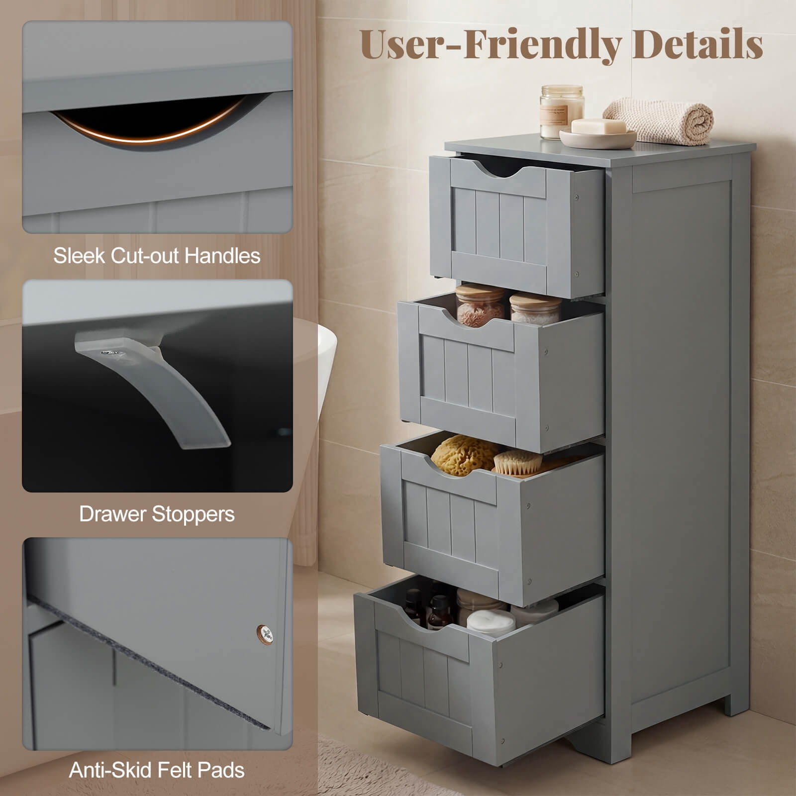Costway 32.5'' Bathroom Floor Cabinet with Anti-tipping Device Freestanding Towel Cabinet Gray