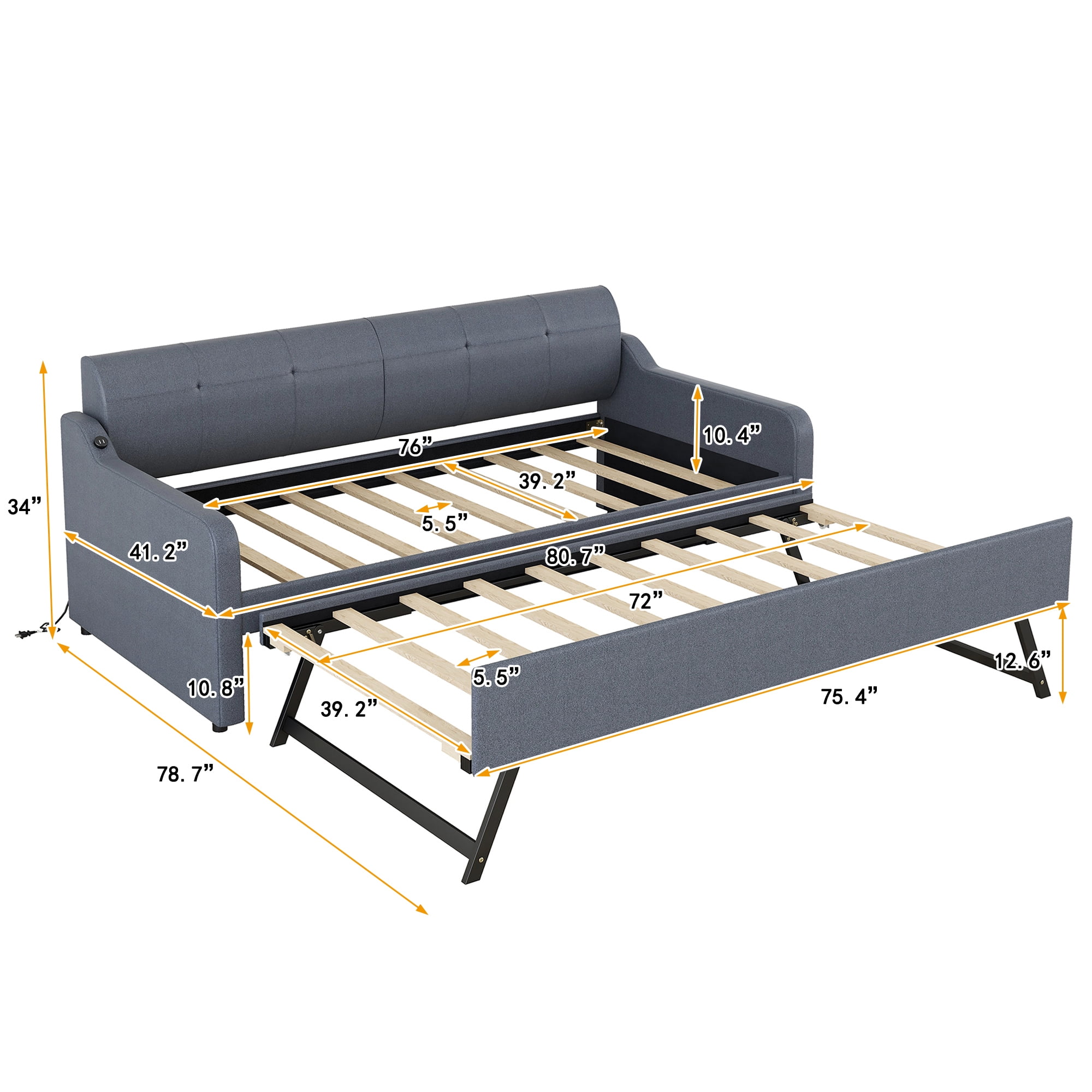 EUROCO Wood Twin Size Daybed with Trundle, Solid Wood Sofa Bed with USB Charging for Kids Teens Adults, Gray