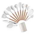 thumbnail image 2 of Juego de 14 utensilios de cocina con mango de madera, utensilios de cocina de silicona, espátula, pinzas, soporte para cuchara, color blanco, 2 of 10