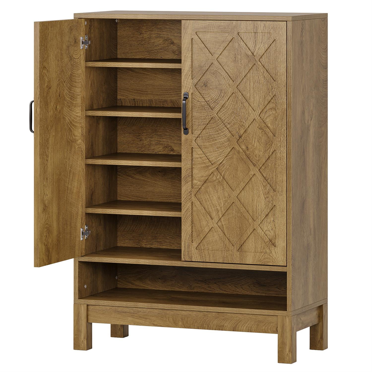 Demi Bonn 43" Solid Wood Shoe Storage with Intricate Carvings, Entryway Cabinet for Home Organization, Brown