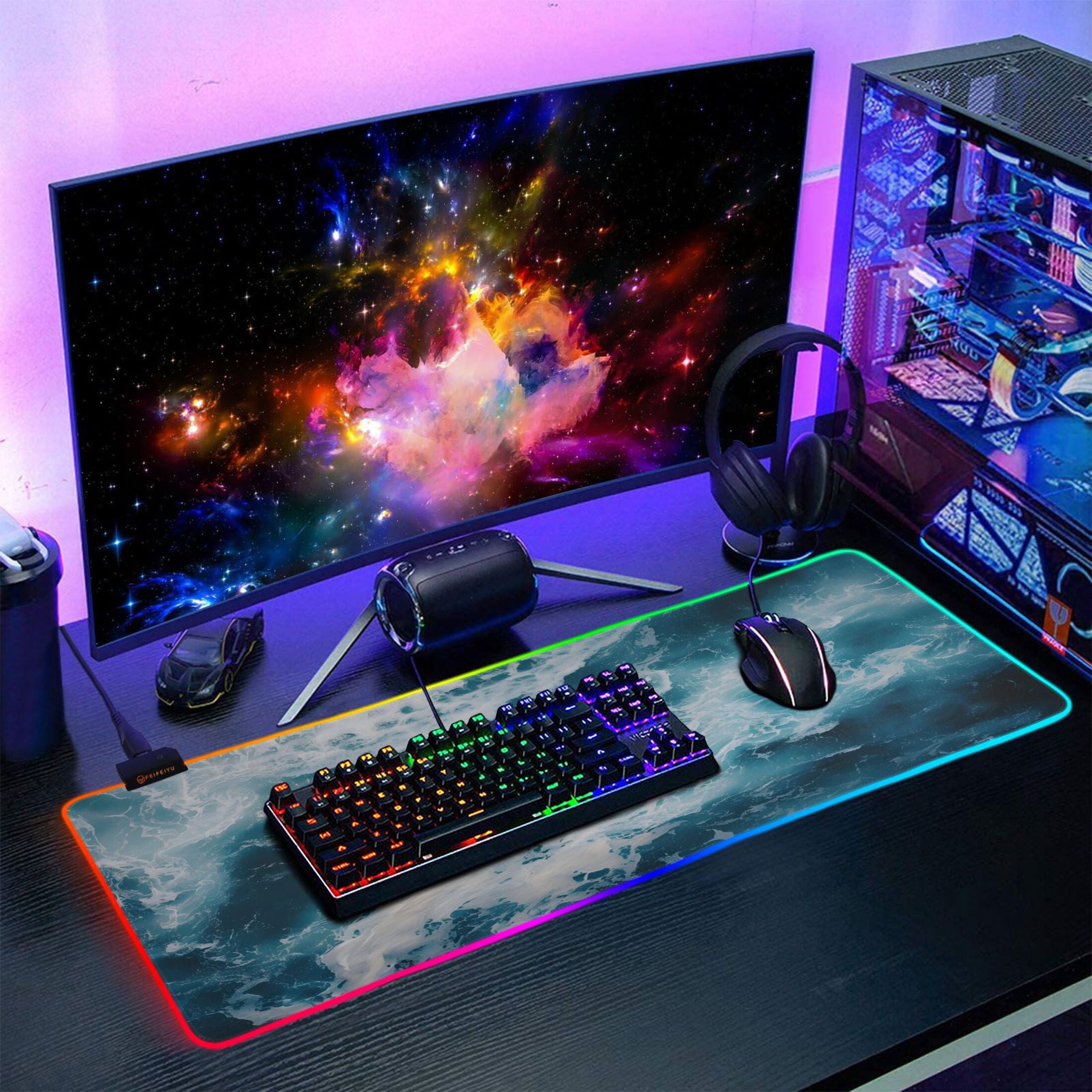 Large RGB Gaming Mouse Pad Led Glowing Mousepad Non-Slip Rubber Base 13 Light Modes 31.5x11.8 Ocean and Wave