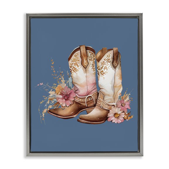 Stupell Industries Bohemian Floral Cowgirl Boots on Blue Gray Floating Frame Canvas Art, 17 x 21, by Birch&Ink