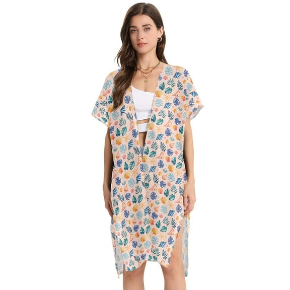 Beach Vacation Clothes Kimono Cardigan Loose Swimsuit Cover Up for Women Shells Conchs Seaweed M
