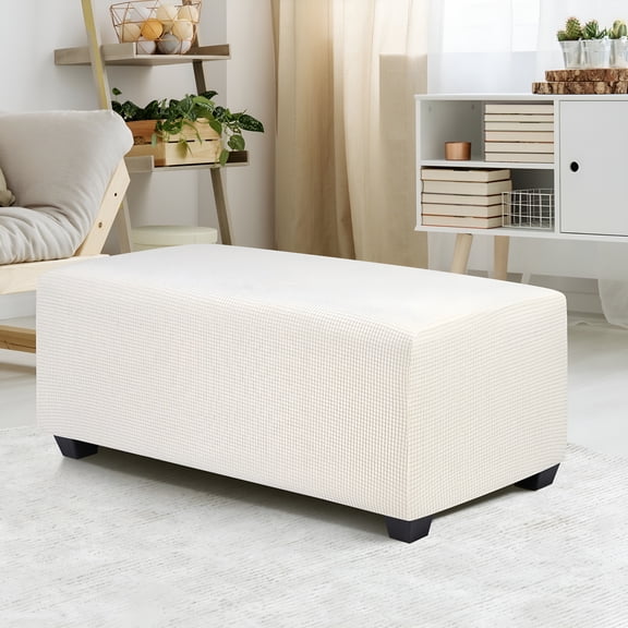 AUQ High Stretch Ottoman Cover with Elastic Bottom,Soft Slipcover Jacquard Fabric Storage Stool Cover Furniture Covers Seasalt Small