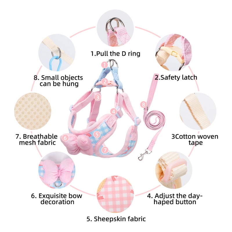 Small Dog Chest Harness with Bow, Cute Harness for Kitty Puppy Bunny,djustable Kitten Harness and Leash Set