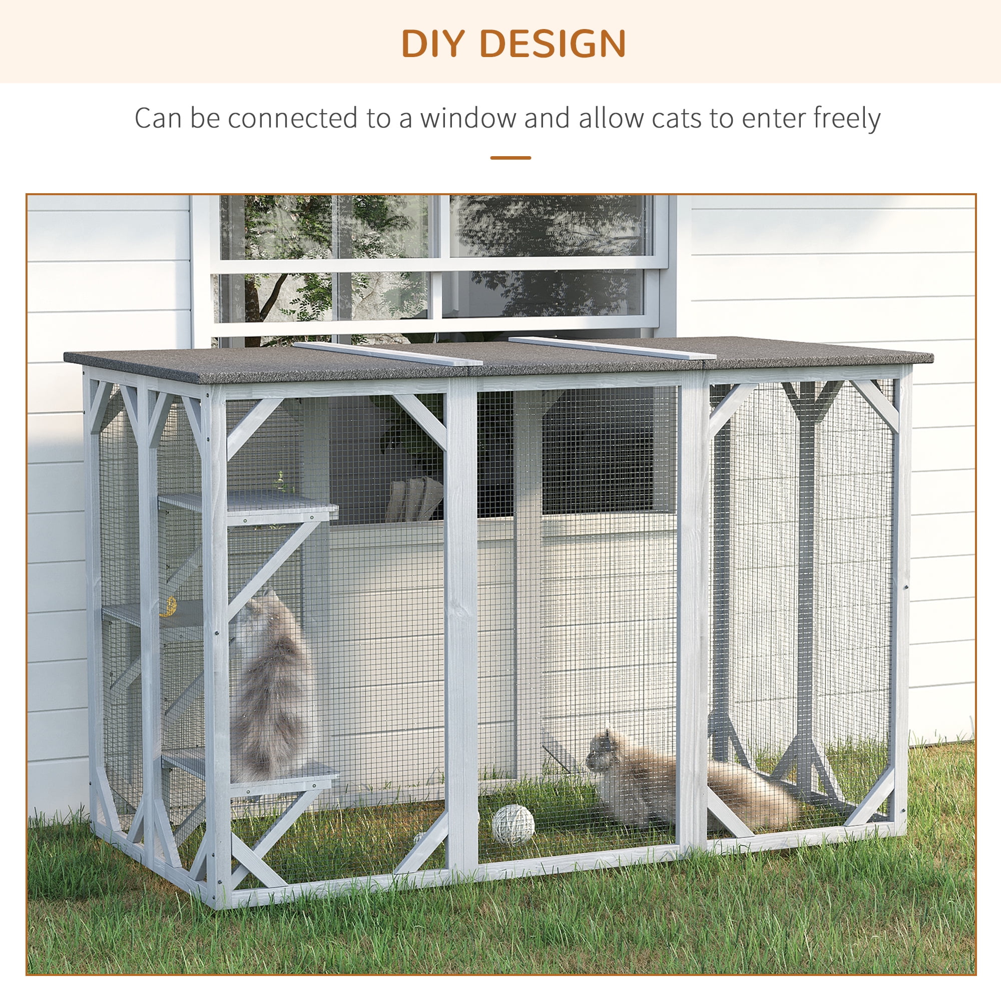 PawHut Outdoor Cat House, Catio Wooden Feral Cat Shelter, Cat Cage with Platforms, Large Enter Door, Weather Protection Asphalt Roof, 71" L, Gray