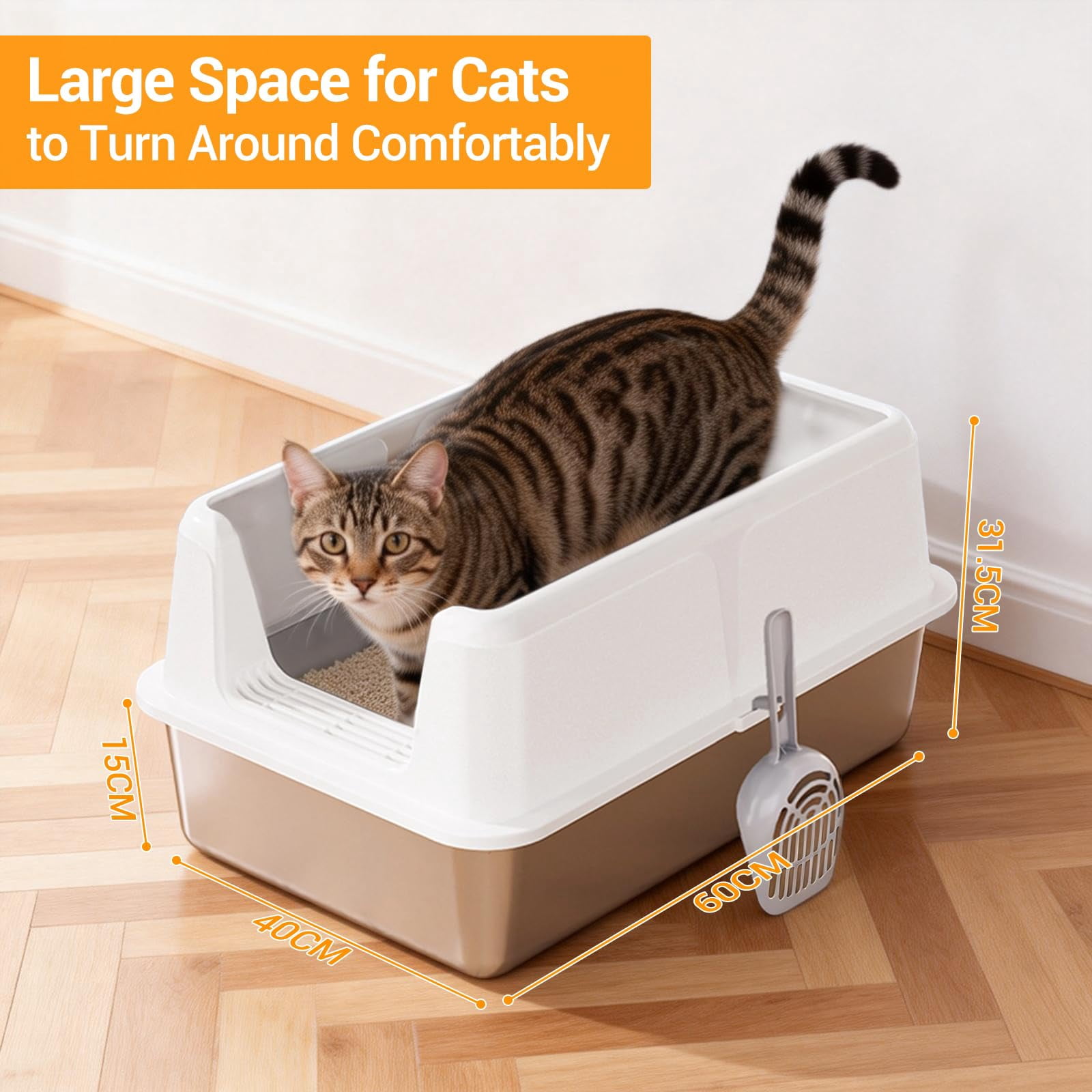Stainless Steel Cat Litter Box with Lid and Scoop 60x40x31.5CM, Easy to Clean Cat Litter Trays, High Sided, Non-Stick, Leak-Proof Metal Cat Litter Box for Cats,White
