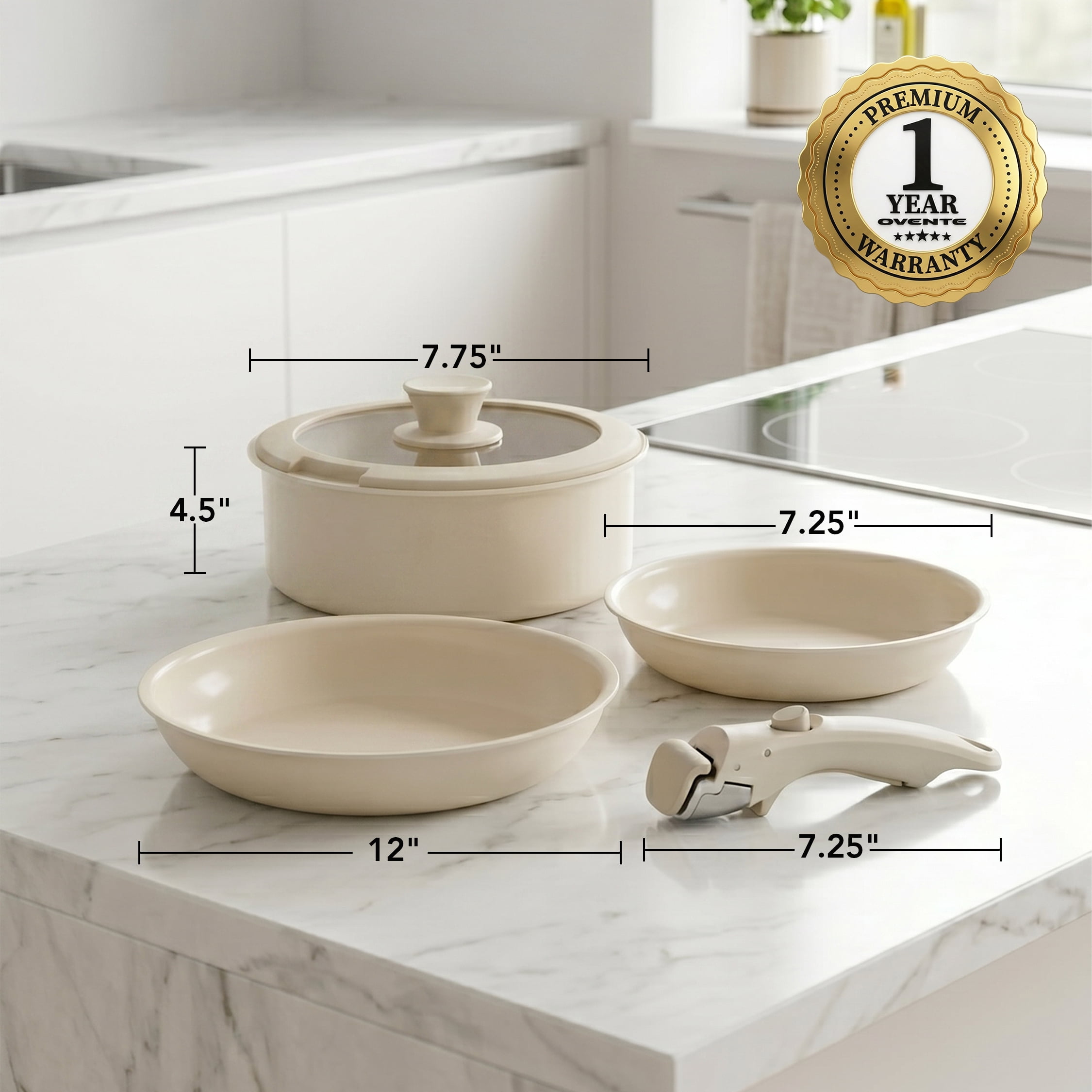 OVENTE 5-Piece Ceramic Cookware Set, Cream CWAD01005C | Detachable Handle, Non-Toxic & Nonstick Kitchen Pots & Pans with Lid for Home or RV, Stackable & Dishwasher Safe