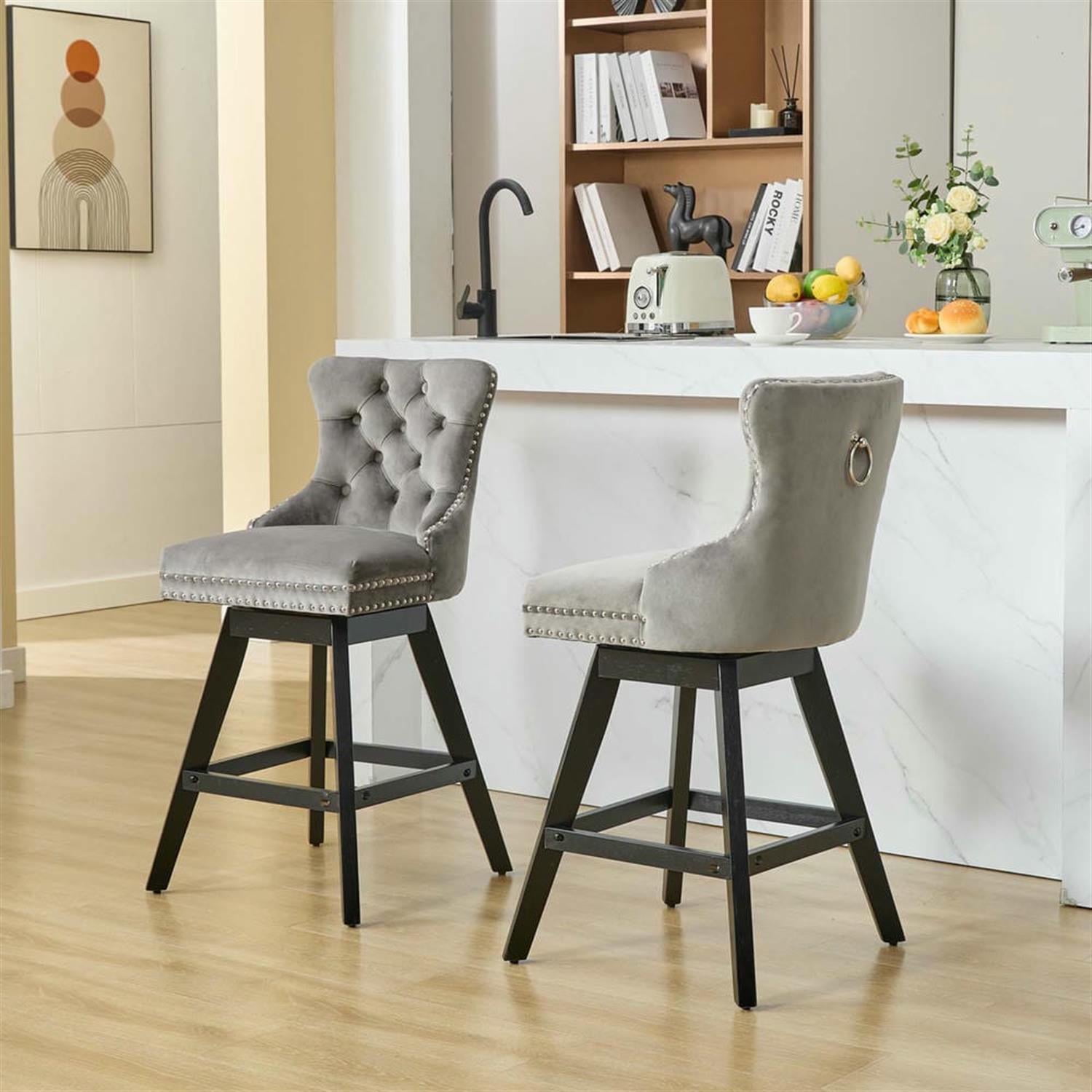 Demi Bonn 38" Counter Height Bar Stools Set of 2, Velvet Swivel Barstools with Button Tufted Back, Kitchen Island Countertop Chairs for Dining Room, Gray