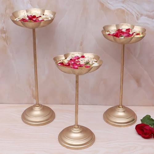 Candle Flowers Holder Set, Urli Stand for Home, Floating Diya Tealight Holders, Lotus Stand, Diwali & Housewarming Decoration, Golden Set of 3