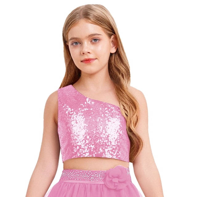 TiaoBug Hauts Sans Manches à Paillettes pour Filles pour Fête Crop Top Danse Rose 10