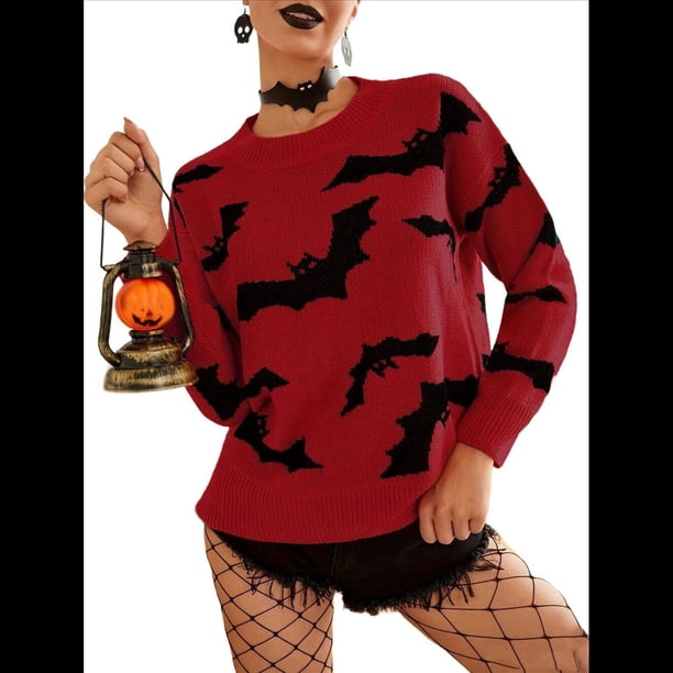 Suéter de Punto Jacquard de Halloween de Larga para Mujer, Cuello Redondo, para Otoño e Invierno. Rojo S