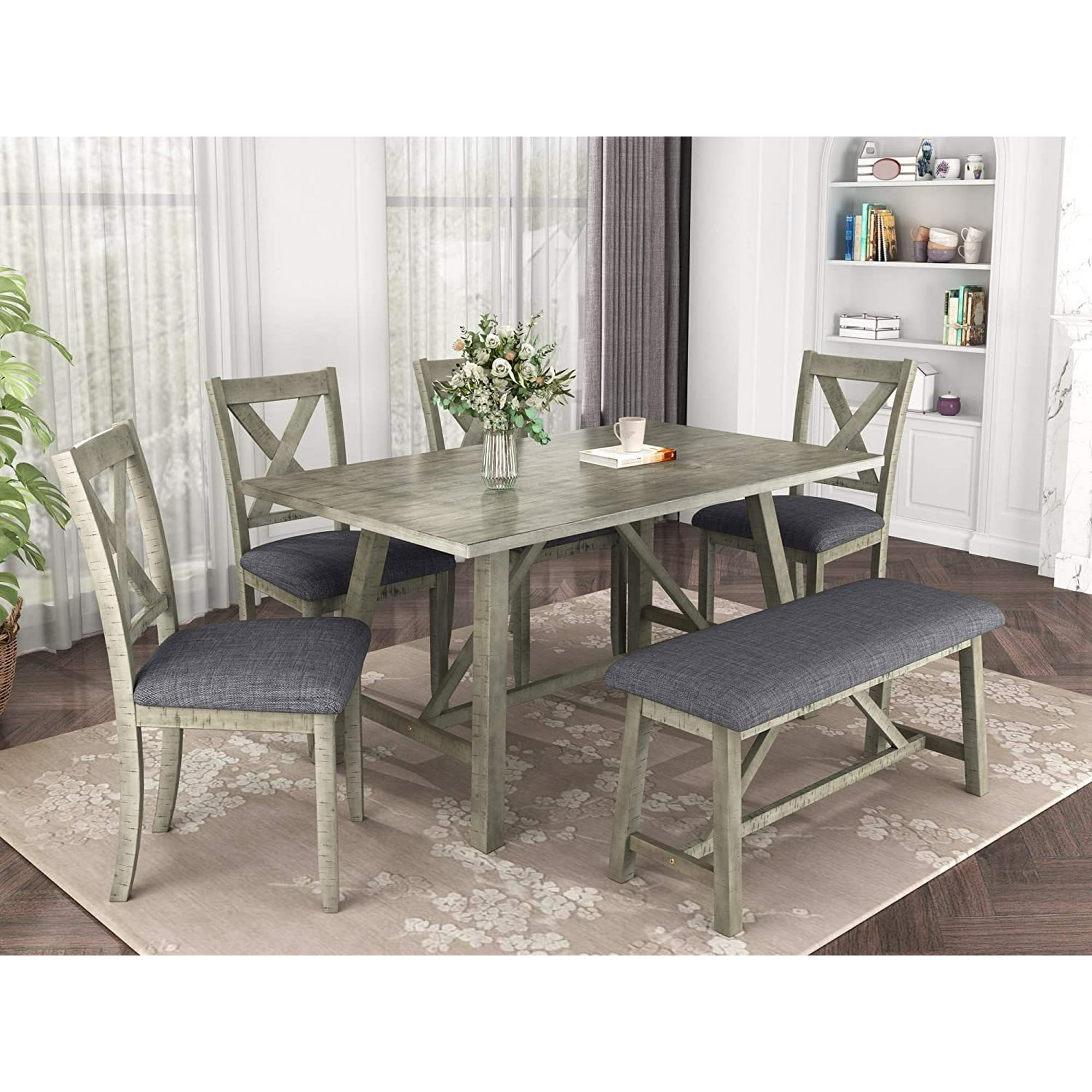 6 Piece Dining Table Set Wood Kitchen Table Set Dining Room Table And Chairs With Bench Walmart Com Walmart Com