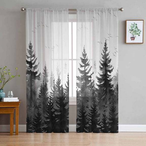 Black Mist Forest Semi Sheer Curtains 63 Inch Length 2 Panels Set, Retro Country Watercolor Tree Scenery Sheer Kitchen Curtain Privacy Voile Window Curtain for Living Room Bedroom Rod Pocket Drapes