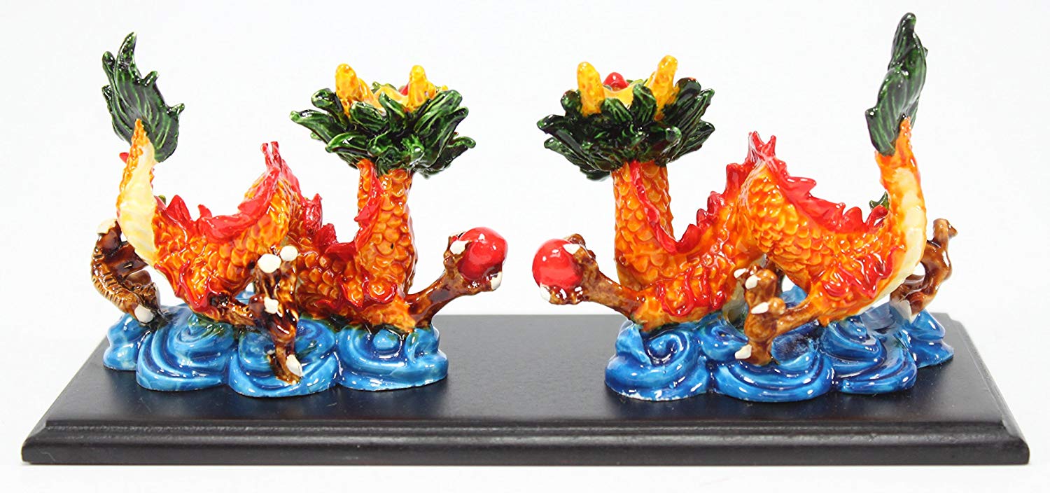Feng Shui Pair of Colored Dragon with Base Statue Figurine Housewarming Congratulatory EHD