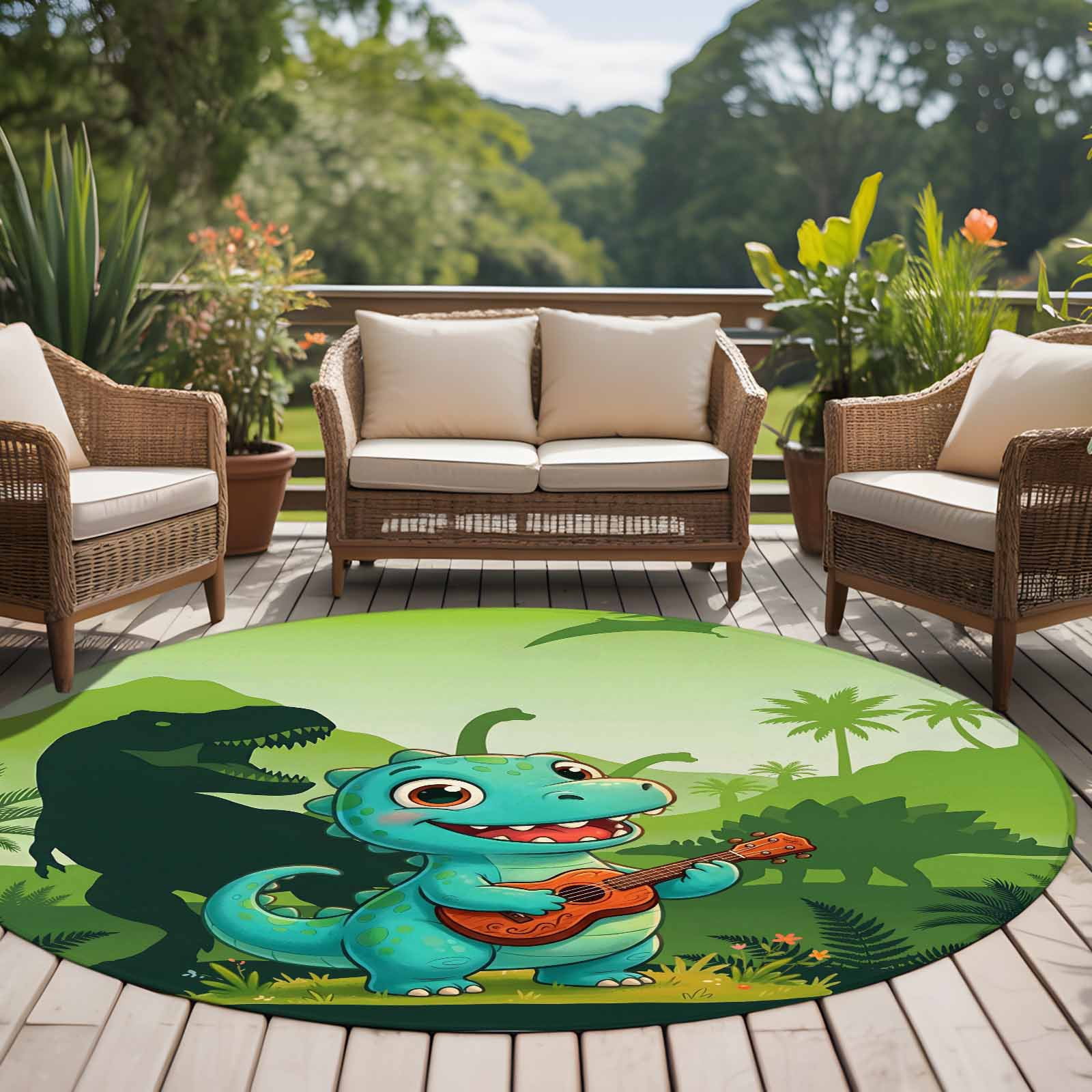 Funny Dinosaur Round Area Rug 6Ft Washable Circle Rugs for Bathroom Office, Playing Guitar Palm Tropical Green Silhouette Non-Slip Carpet Floor Mats Indoor Outdoor Carpet Runner Aesthetic Home Decor