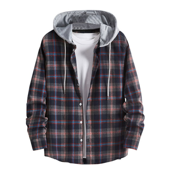 Today Clearance Sale!TMOYZQ Flannel Hoodies for Men Casual Drawstring Button Down Long Sleeve Flannel Shirts Lightweight Flannel Plaid Shirts Jackets