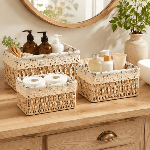 3 Pcs Bohemian Rattan Storage Baskets Daily Home Organization Set, Handwoven Natural Wicker Bins with Removable Liners for Bedroom Kitchen Living Room Shelf Storage and Housewarming Gift