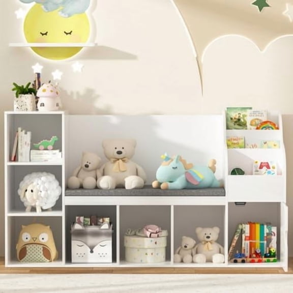 Toy and Book Storage for Kids, Book Shelf and Toy Organizer, Toddler Reading Nook Bench, Kids Bookshelf w/Seat Cushion and 7 Storage Cubbies for Nursery, Bedroom and Playroom. White