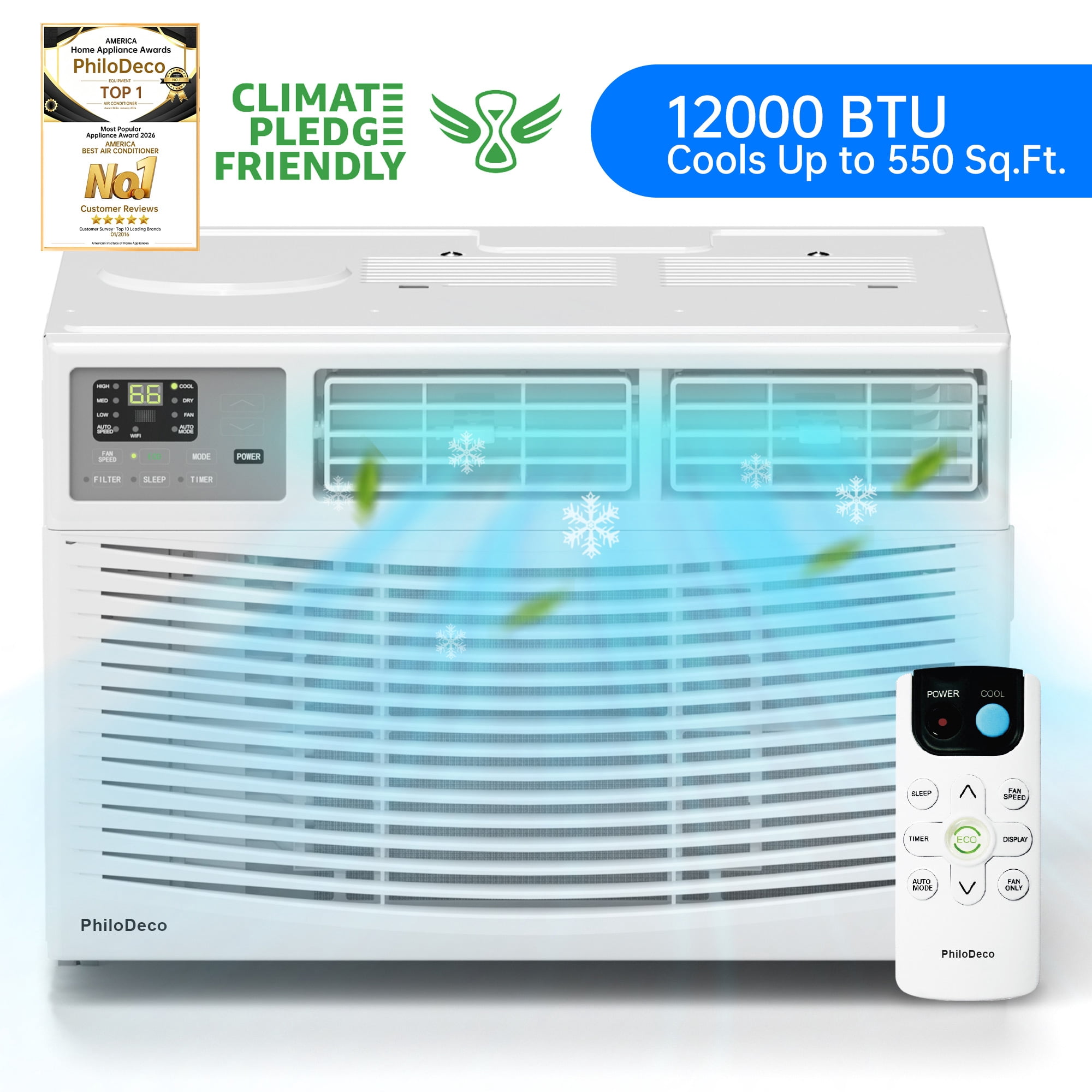 PhiloDeco 12000 BTU Window Air Conditioner 550 Sq Ft. Intelligent Ac Units, LED Display Screen, Operates Quietly, Energy-Saving. Timer • Sleep and ECO.with Remote Control, Dehumidifier