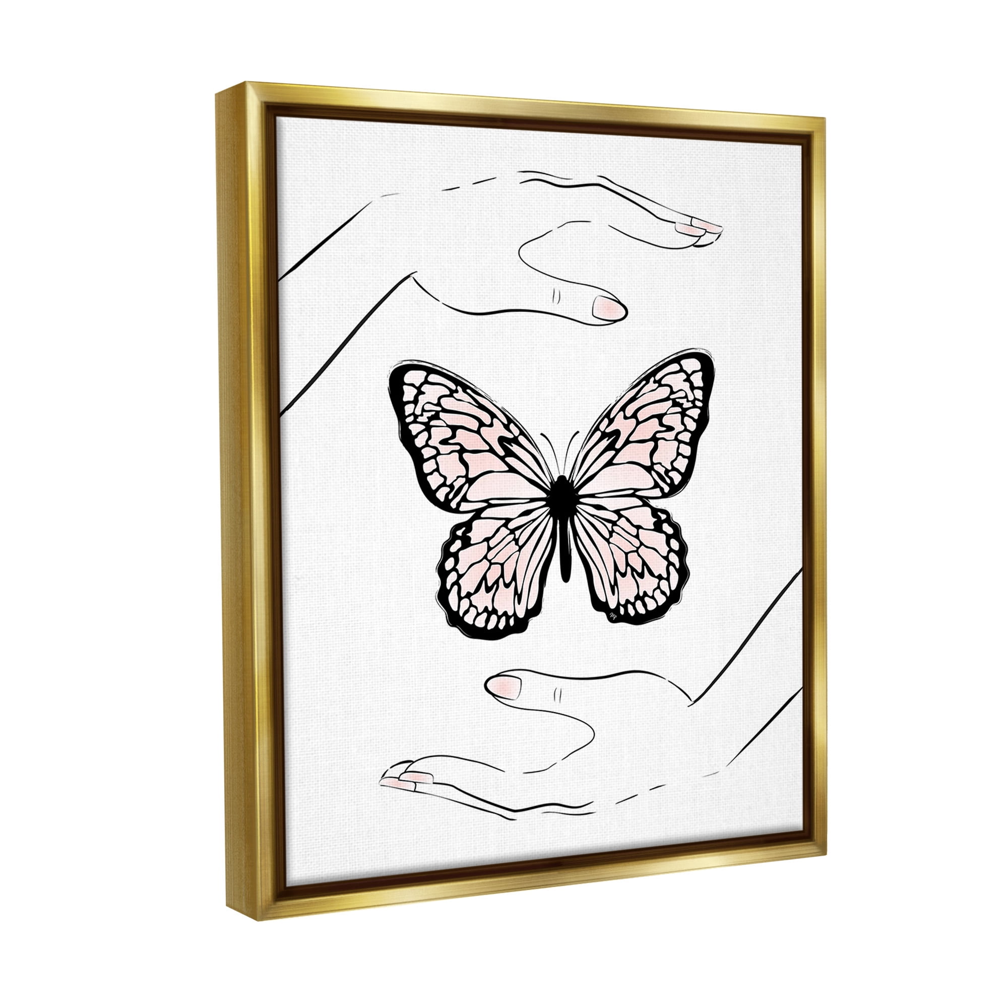 Stupell Industries Hands & Pink Butterfly Animals & Insects Painting Gold Floater Framed Canvas Art Print Wall Art, 17 x 21