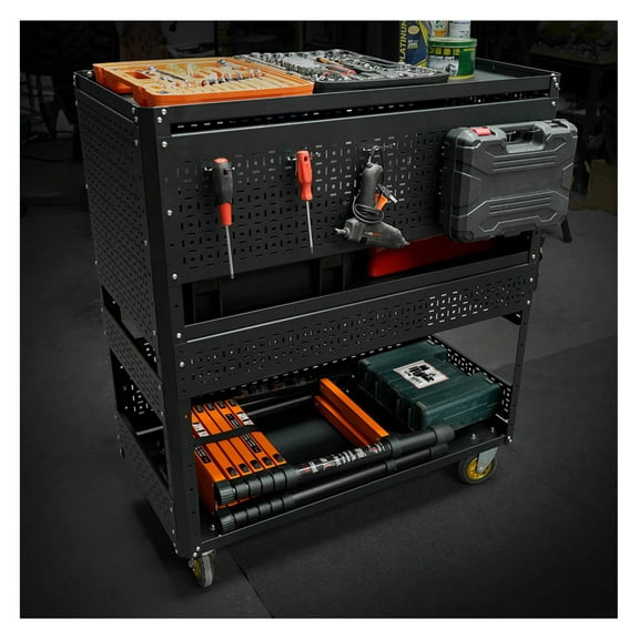 3-Tier DIY Detachable Utility Cart Storage Tool Cart With Steel Pegboard, Foldable Rolling Tool Cart with Wheels For Garage Organizer and Tool Storage