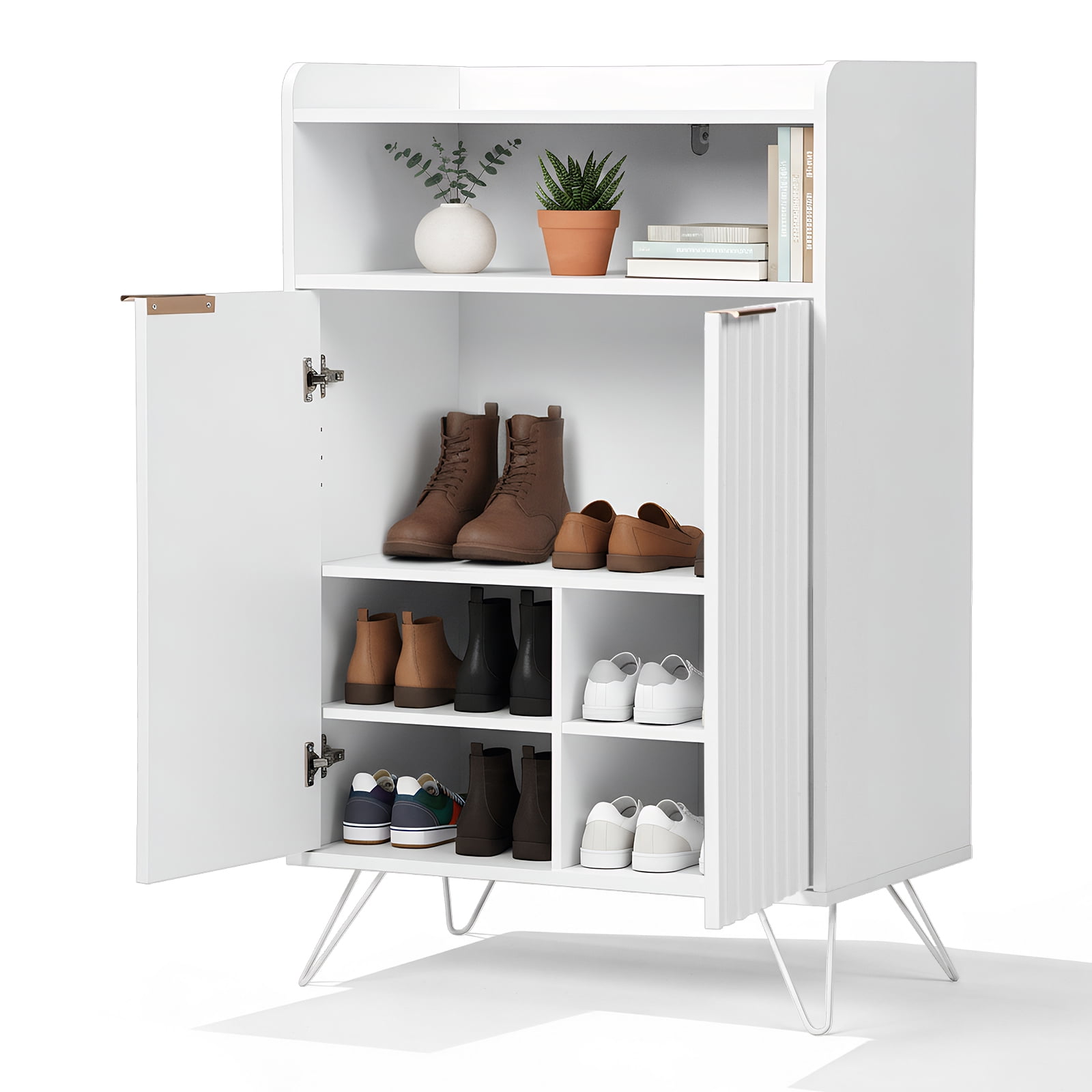Shoe Cabinet With Grille Panel, Two Doors, Open Top, And Two Hooks On The Legs, Particleboard Cabinet Body, Mdf Vacuum-Formed Doors, 68*40*106mm
