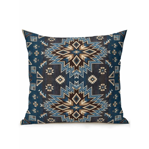 1 Pack Outdoor Throw Pillow, Navy Blue Brown Boho Waterproof Pillow with Insert Included, Southwest Ethnic Abstract Geometric Decorative Accent Cushion Sofa Pillows for Patio Porch, 18 x 18 In