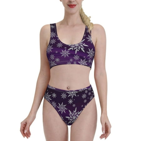 Bixox Snowflake Gradient Purple Pattern Two-Piece Sports Bikini with U-Shaped Top and High-Waist Bottom - Women s Swimwear with Removable Bra Pads