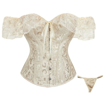 TrdSipl Renaissance Corset for Women Floral Trim Corset Lingerie Satin Boned Lace Waist Cincher Cute Plus Size Victorian Corsets Beige 3XL