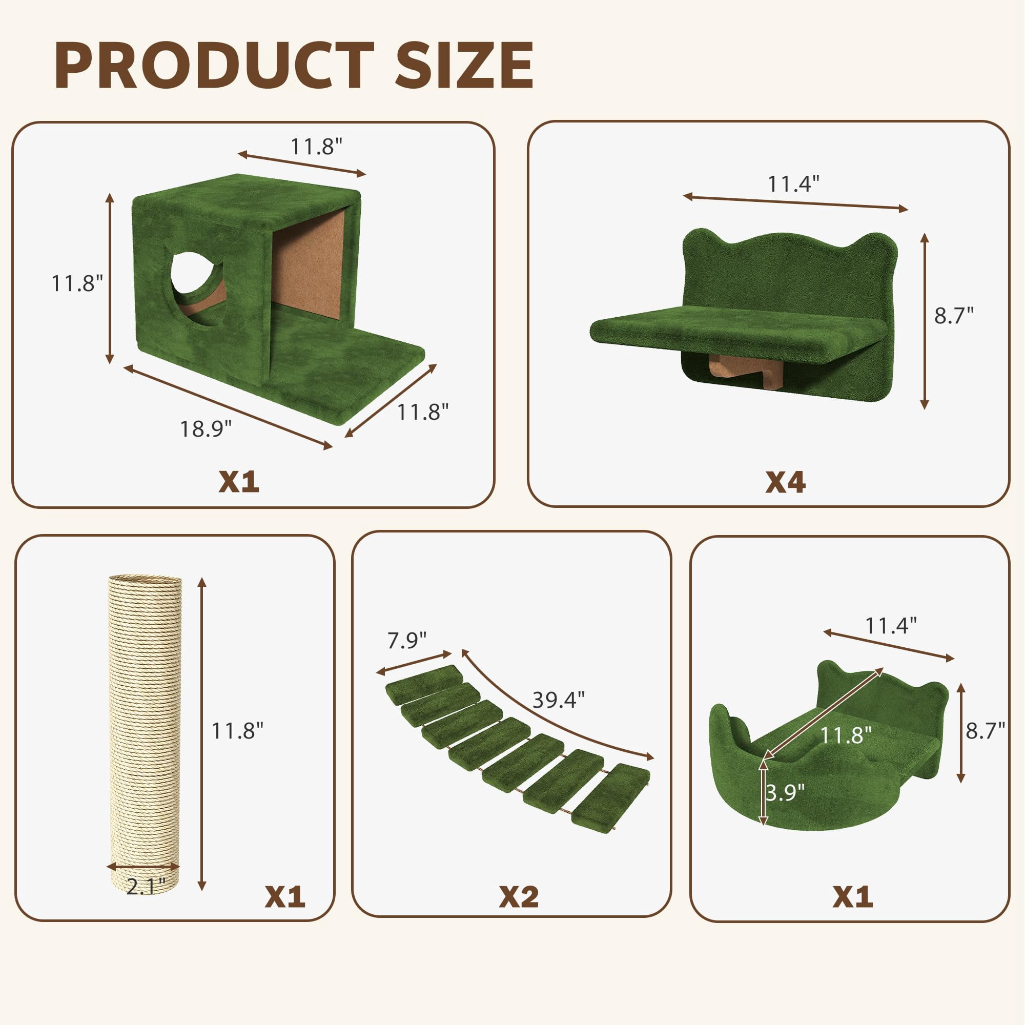 9-in-1 Cat Wall Shelves  Multi-level Mounted Cats Furniture Set With Plush Fabric Floor Space-saving Wooden Climbing Systems Bridge Ladder Condos Green