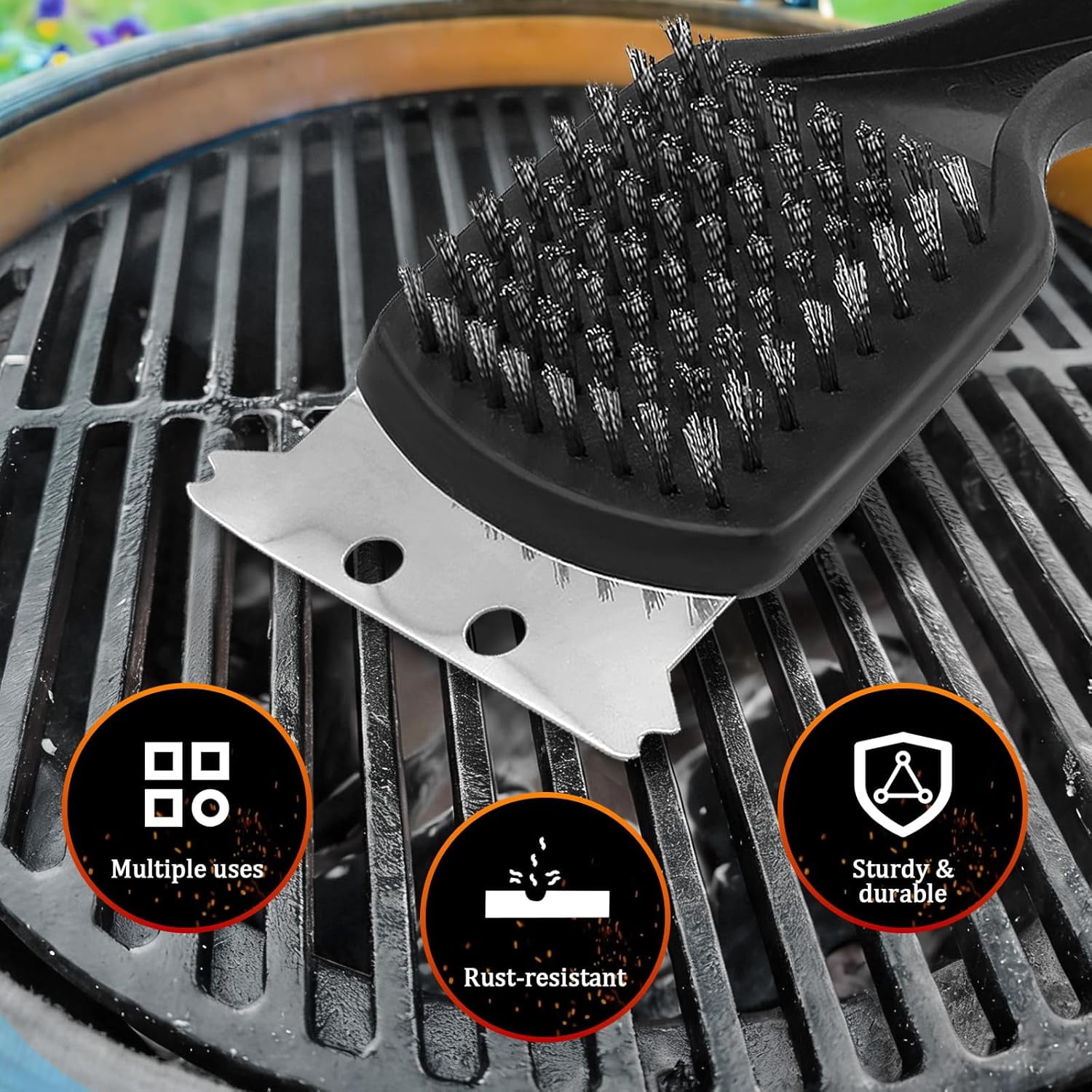 15.75” Grill Brush - Heavy Duty BBQ Scraper with Ergonomic Non-Slip Grip & Steel Bristles, Deep Clean Outdoor Grates Without Bending (Safer, Long Handle)