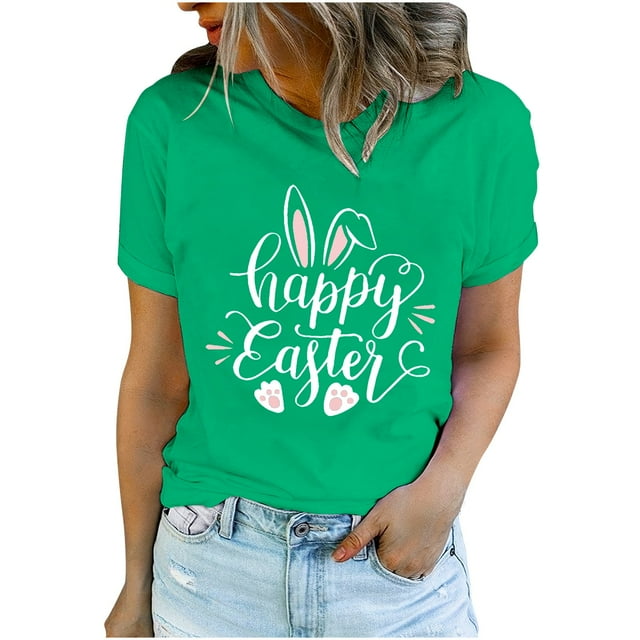 Bowake Easter T-Shirts pour Femmes Manches Courtes Col Rond Joyeux Easter T-Shirts Mignons Graphiques Décontractés Tops d'Été