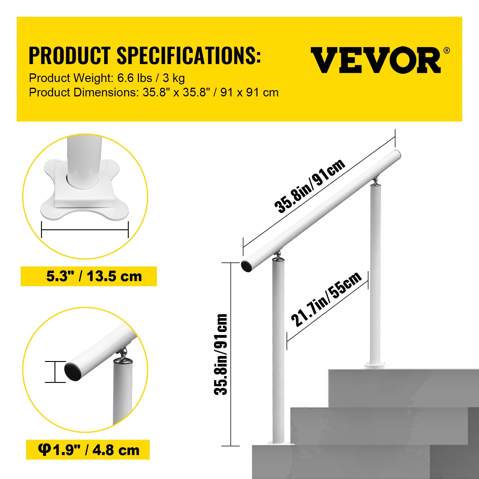 VEVOR 3 FT Handrail Adjustable from 0 to 60 Degrees, 34 inch Outdoor Handrail, Outdoor Stair Railing Handrail for White Aluminum Stair Railing for Garden, Office Area