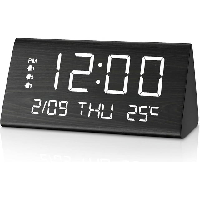 JALL Digital Alarm Clock, with Wooden Electronic LED Time Display, 3 Alarm Settings, Weekday/Weekend Mode, Temperature Detect, Wood Made Electric Clo