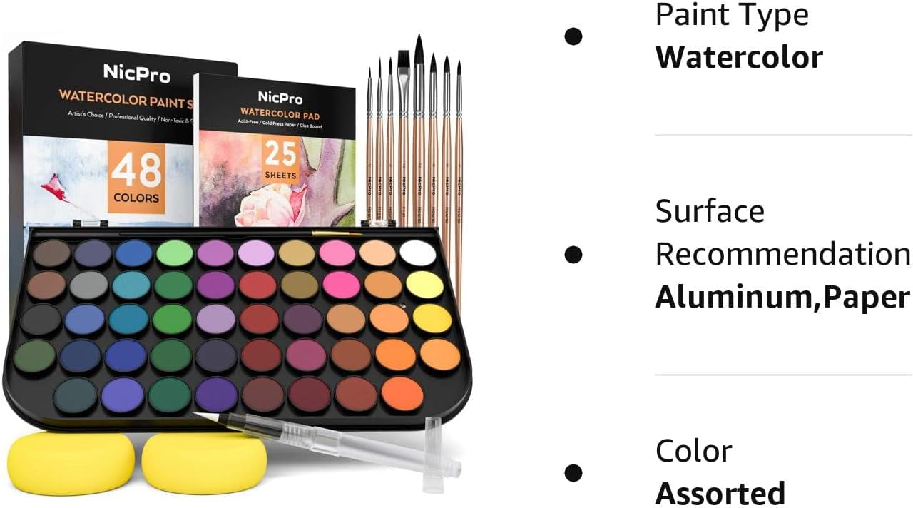 Nicpro Watercolor Paint Set, 48 Water Colors Kit with 8 Painting Brushes, Palette, Watercolor Pen, 25 Art Pad Paper, 2 Art Sponges, Non-toxic Painting Supplies