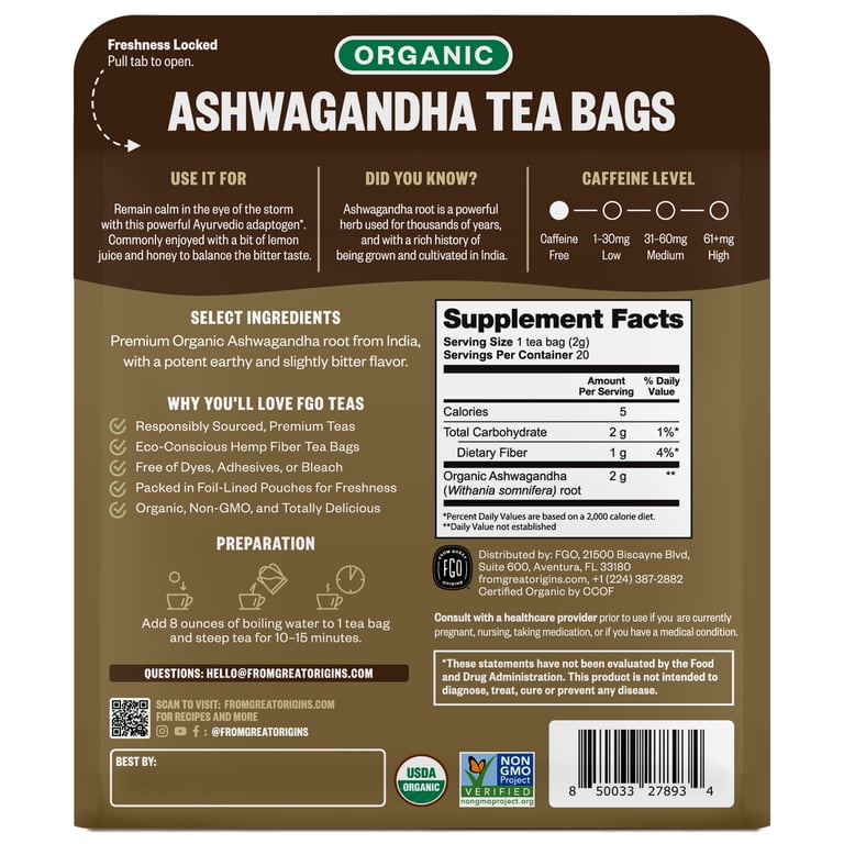FGO Ashwagandha Tea Bags 20 Count, Herbal Tea with Earthy Flavor