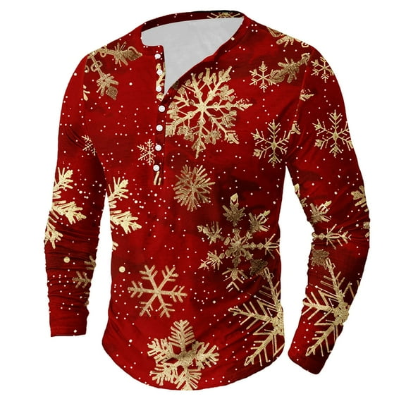 Brondbend Mens Tops Christmas Mens Shirts Long Sleeve Crewneck Button Pullover Printed Comfortable Blouse Loose Going out Clothes Red