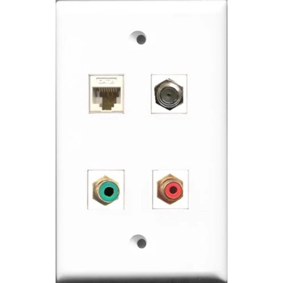 RiteAV 1 Port RCA Red and 1 Port RCA Green and 1 Port Coax Cable TV- F-Type and 1 Port Cat6 Ethernet White Wall Plate