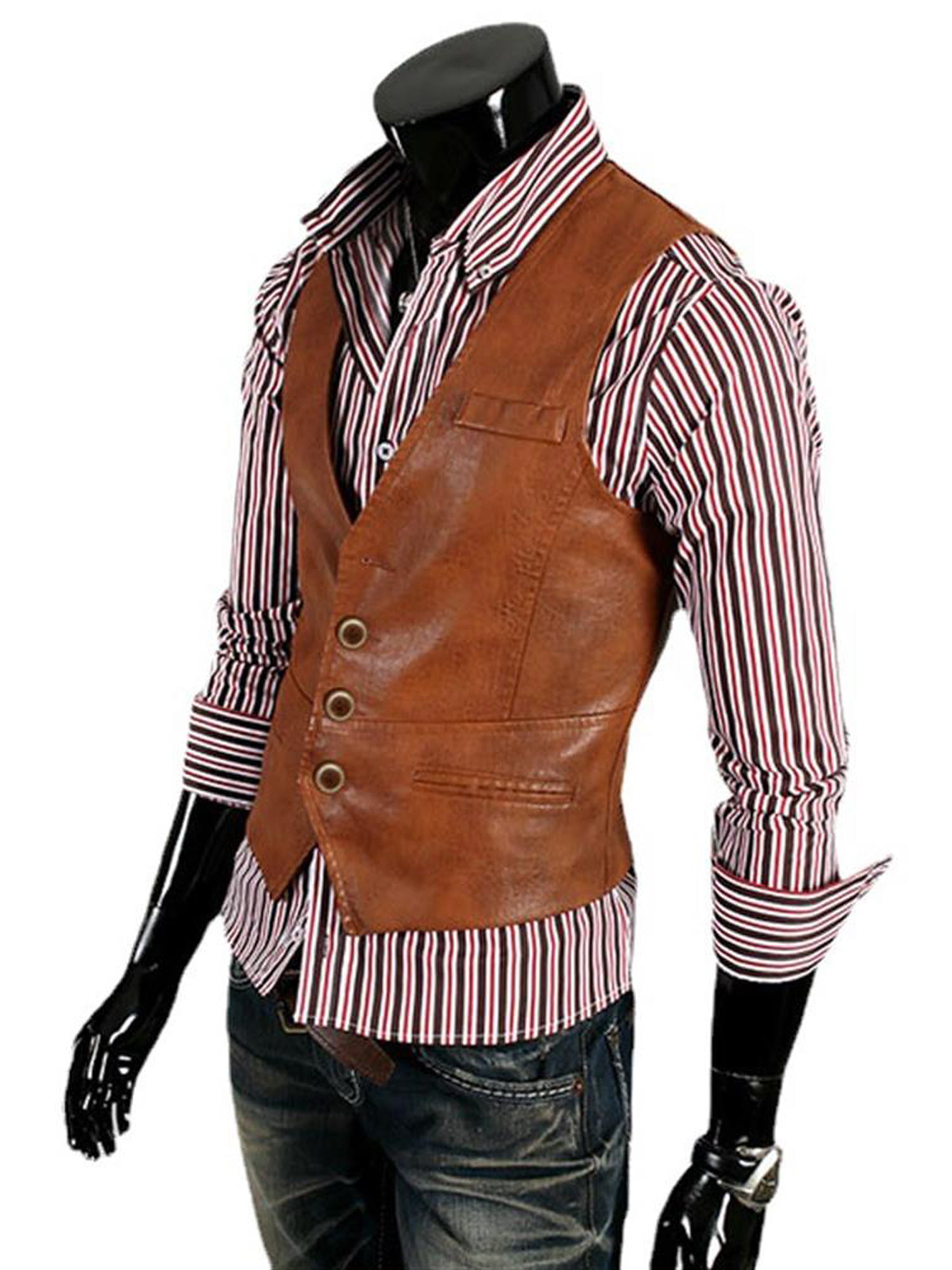 Mens Motorcycle Biker style Waistcoat Vest Jacket Cut 100% Real Leather Black 