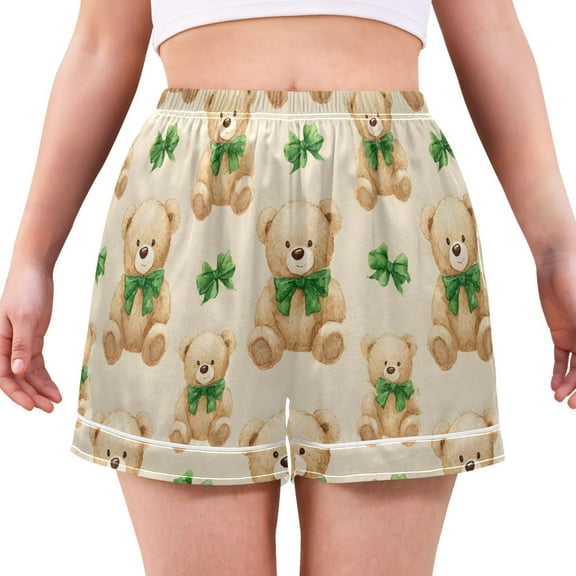 Women's Silk Pajama Shorts Bow Teddy Bear Pajama Shorts Women's Casual Pajama Shorts with Pockets