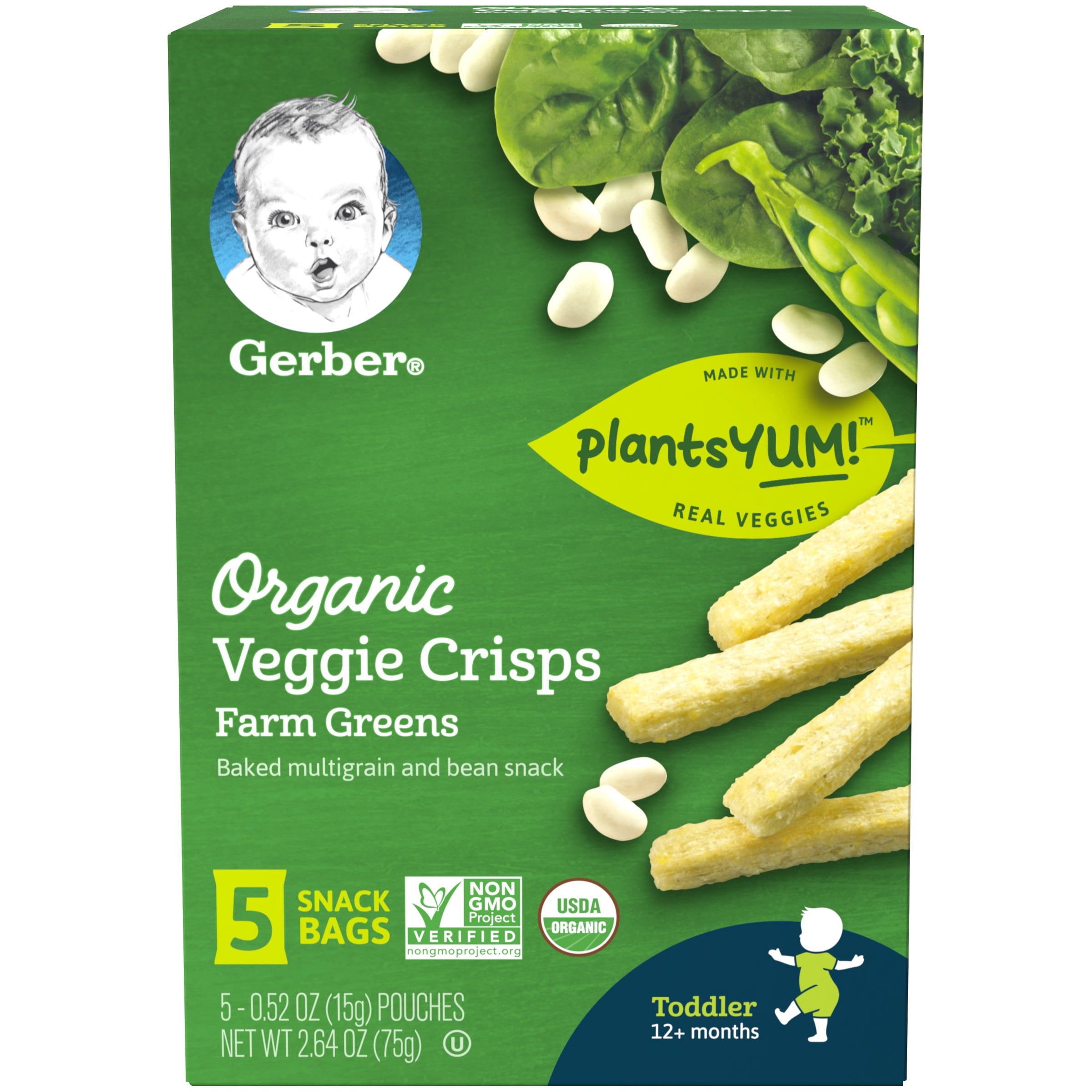Gerber Organic Veggie Crisps, Farm Greens, 0.52 oz. Pouch, 5 Count