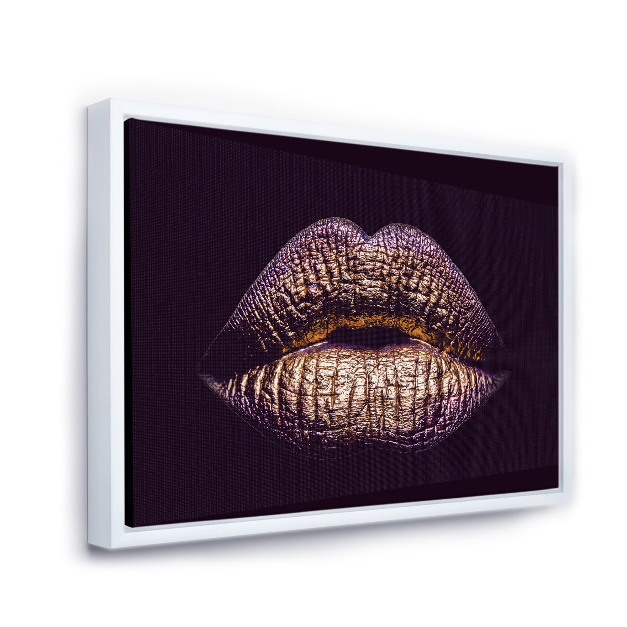 Designart 'Sexy Golden Metallized Woman Lips III' Modern Framed Canvas Wall Art Print