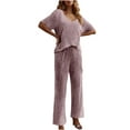 thumbnail image 3 of BiZtdJrK 2 Piece Lounge Set Women Ribbed Knit Comfy Sleepwear Outfits V Neck Short Sleeve and Pants Matching Pajama Sets Purple XL, 3 of 5