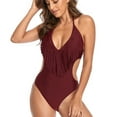 thumbnail image 6 of Women's Trendy Deep V Neck One Piece Swimsuit Cutout Fringe High Waisted Bathing Suit Monokini Swimwear Black Wine XL, 6 of 8