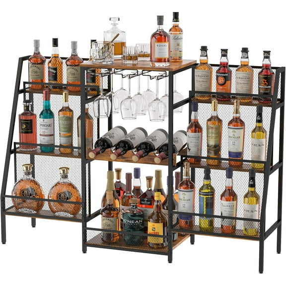 Versatile Bar Stand with Glass Holder, Wine Rack Freestanding Floor, Liquor Cabinet for Liquor Whiskey Wine, 6-Tier Stepped Bar Cabinet with Fences, Vintage Brown（Patent Pending）