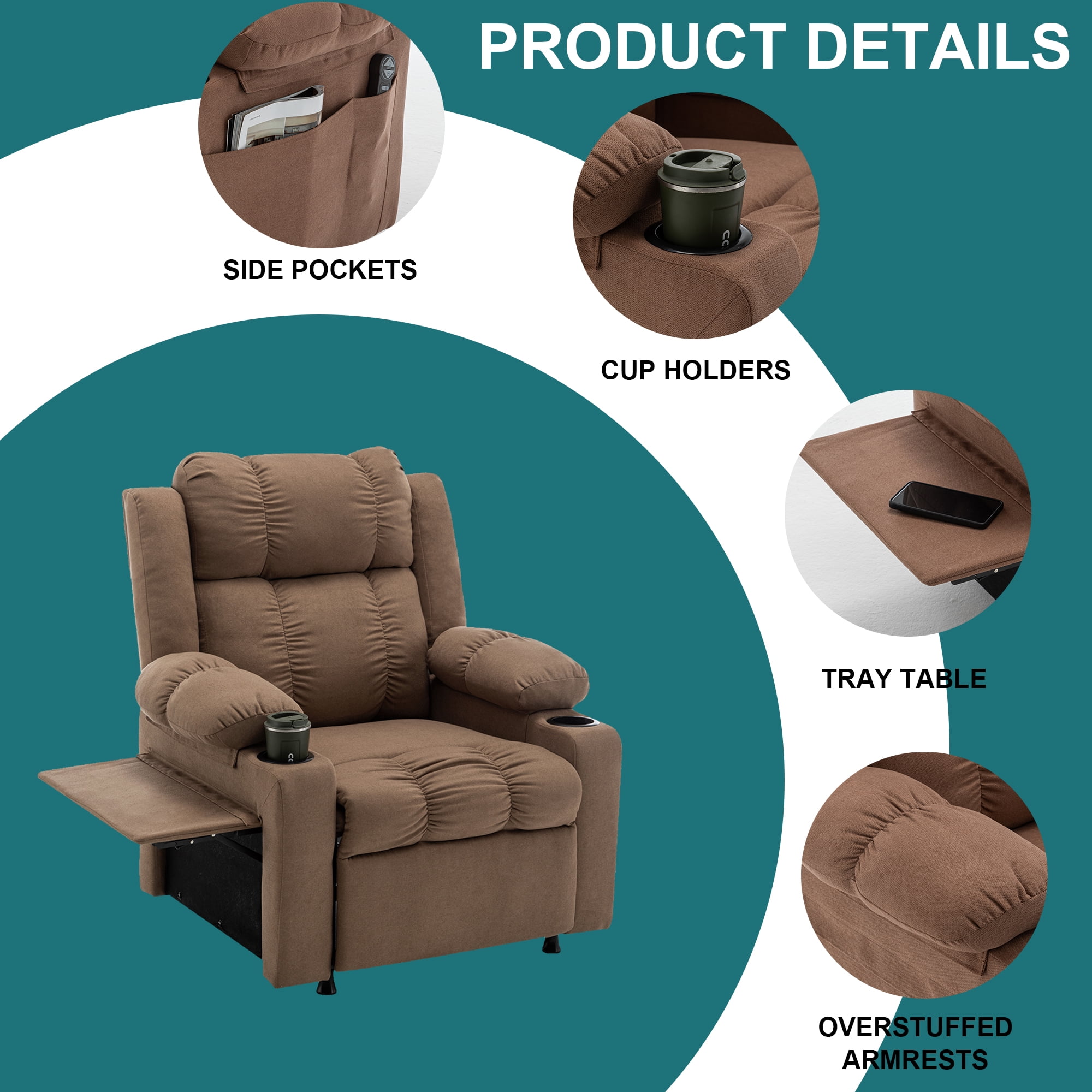Andeworld 22" Recliner Chairs with Heat and Massage,Oversized Recliner Sofa chairs with Cup Holder, Side Pocket and Tray Taable for Living Rooms, Bedrooms, and Nurseries(Coffee)