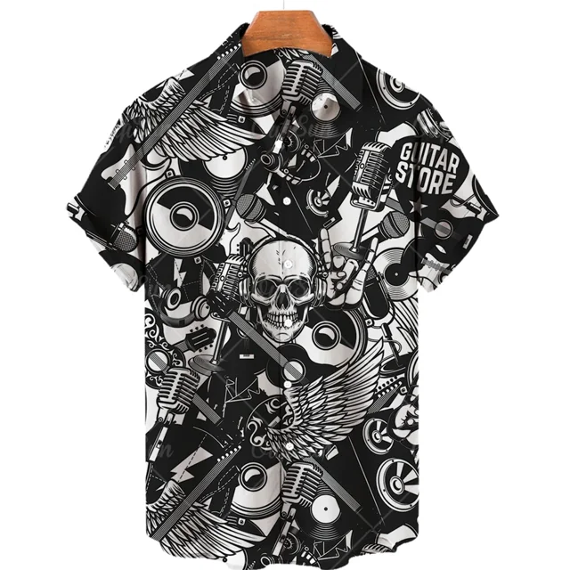 Men's Hawaiian Shirt One Button Shirt Cartoon Musical Instrument Pattern Oversize 3d Printing Loose Short Sleeve Beach Tops